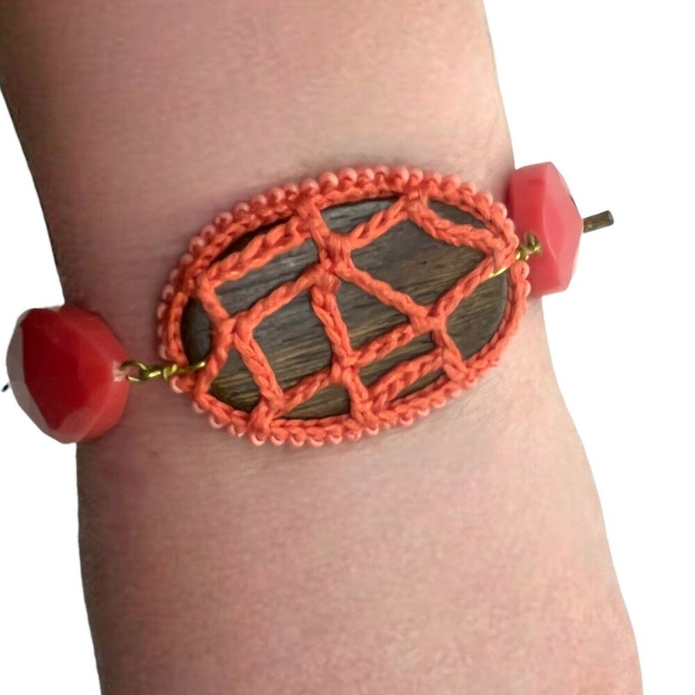 Anna & Ava Toggle Bracelet Wood Seed Bead Macrame Womens 9" Coral Turquoise Chic